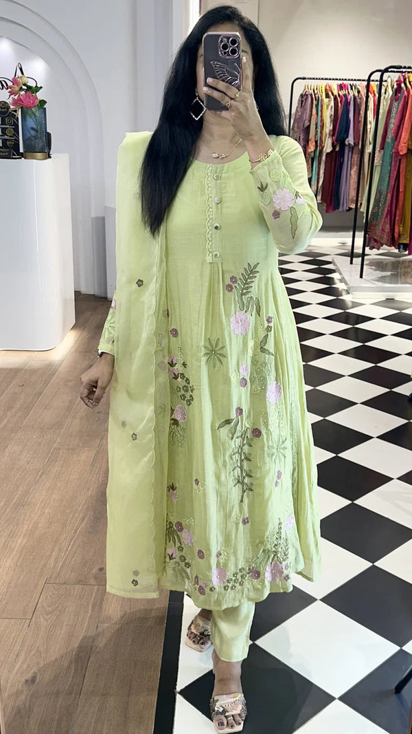 Light Green Mul Chanderi Embroidered Suit Set