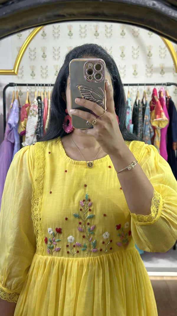 Yellow Mulchanderi Handworked Frock