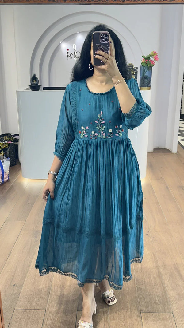 Cobalt Blue Mulchanderi Handworked Frock