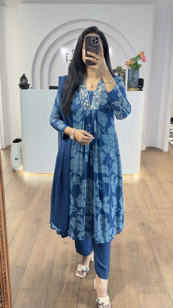 Blue Bandhej Chinnon Aline Suit Set