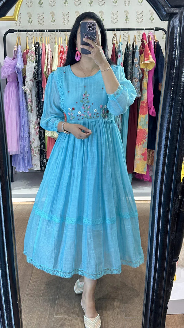 Sky Blue Mulchanderi Handworked Frock