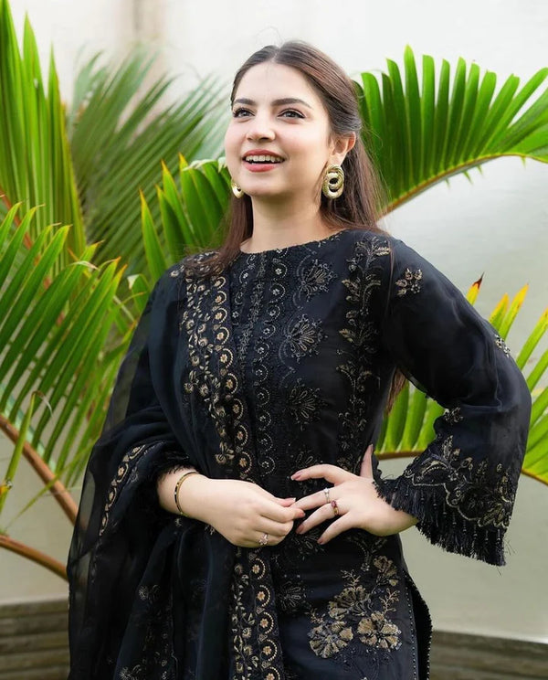 Black Three Piece Stitched Lawn Chikankari Suit