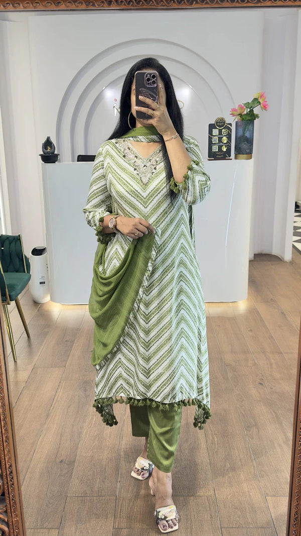 Green Zig Zag Printed Handwork HighLow Kurti
