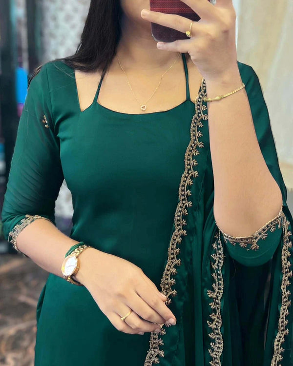 DARK GREEN GEORGETTE STRAIGHT CUT KURTI WITH LINING AND DUPPATTA SET