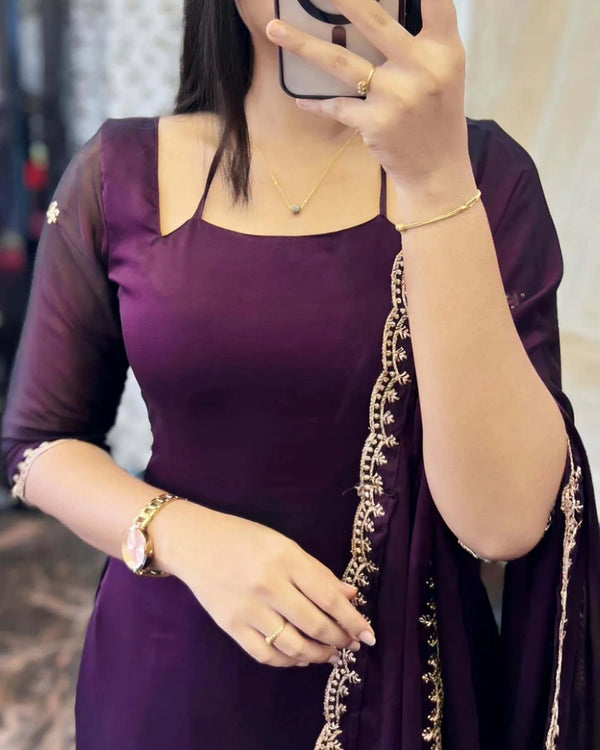 DARK PURPLE GEORGETTE STRAIGHT CUT KURTI WITH LINING AND DUPPATTA SET